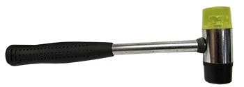 "Dual-head glazing hammer with rubber and plastic ends next to horseshoe nails and lead came on a stained glass workboard"