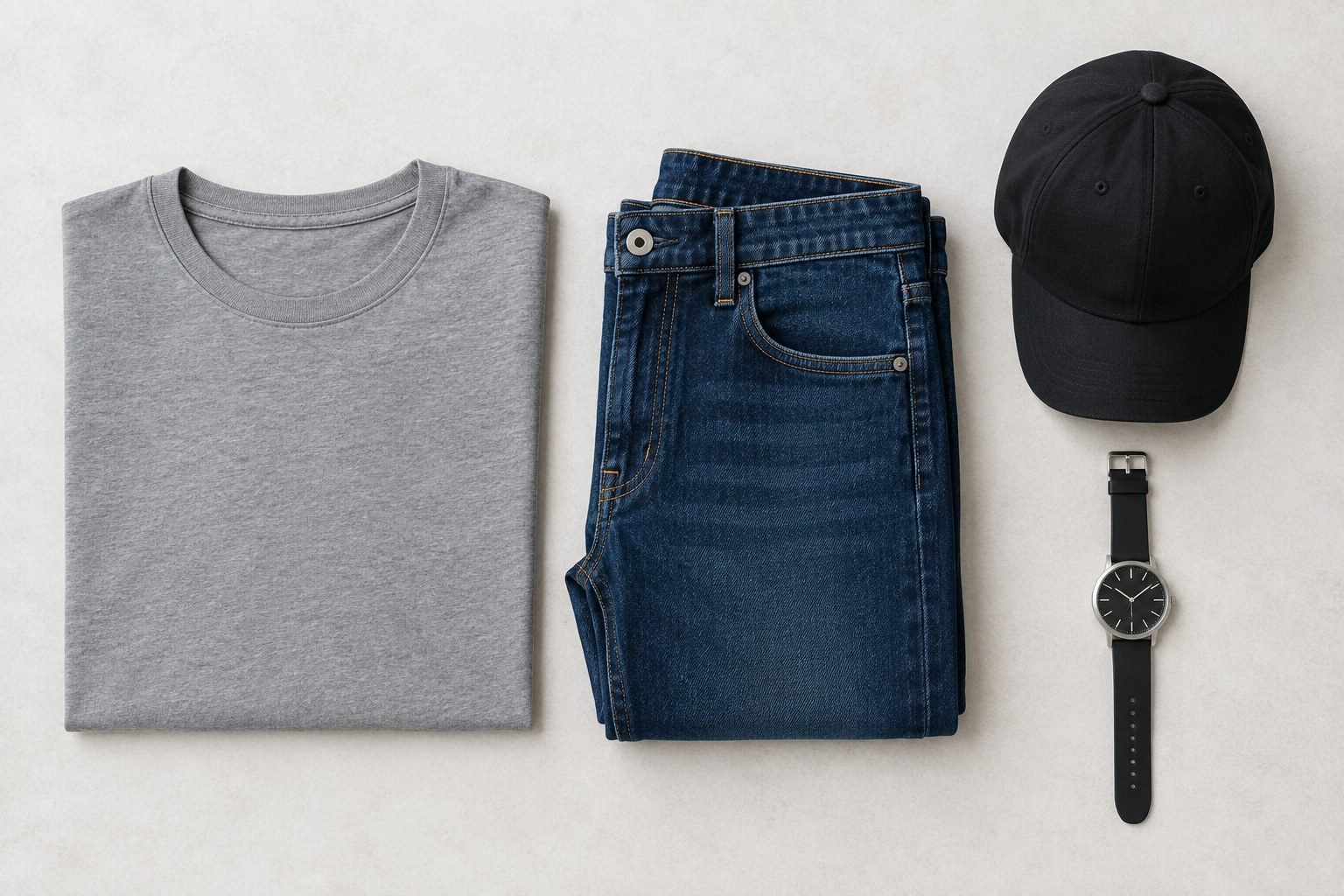 Flat lay of men's casual fashion pieces for a BoyEnd review: gray t-shirt, folded dark jeans, black cap and analog watch